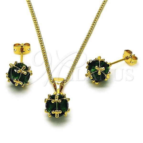 Oro Laminado Earring and Pendant Adult Set, Gold Filled Style Ball Design, with Green Cubic Zirconia, Polished, Golden Finish, 10.342.0252