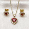 Oro Laminado Earring and Pendant Adult Set, Gold Filled Style Heart and Cluster Design, with Garnet and White Cubic Zirconia, Polished, Golden Finish, 10.156.0539.1