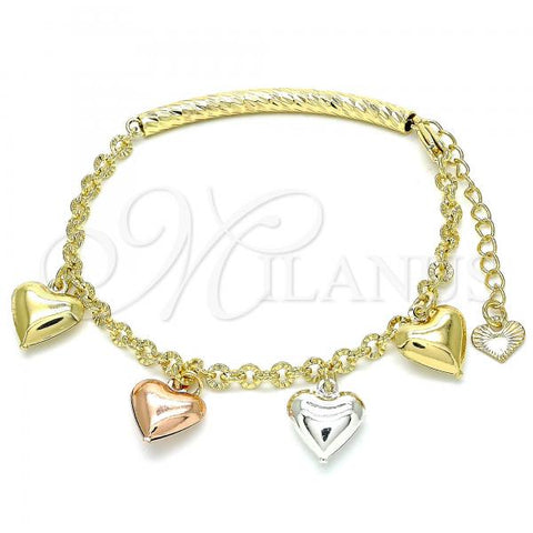 Oro Laminado Charm Bracelet, Gold Filled Style Heart Design, Diamond Cutting Finish, Tricolor, 03.351.0102.07