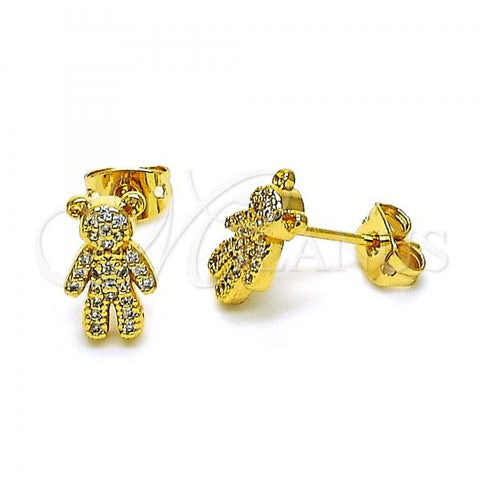 Oro Laminado Stud Earring, Gold Filled Style Teddy Bear Design, with White Micro Pave, Polished, Golden Finish, 02.342.0254