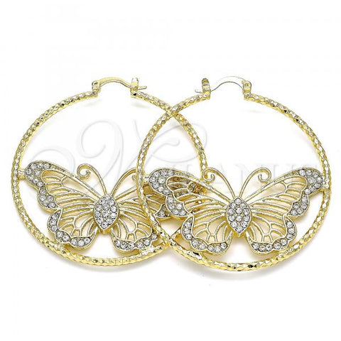 Oro Laminado Large Hoop, Gold Filled Style Butterfly Design, with White Crystal, Diamond Cutting Finish, Golden Finish, 02.380.0013.1.50