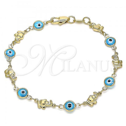 Oro Laminado Fancy Bracelet, Gold Filled Style Evil Eye and Elephant Design, Turquoise Resin Finish, Golden Finish, 03.326.0010.3.08