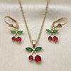Oro Laminado Earring and Pendant Adult Set, Gold Filled Style Cherry Design, with Garnet and Green Cubic Zirconia, Polished, Golden Finish, 10.210.0186