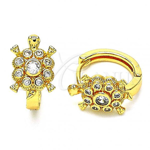 Oro Laminado Huggie Hoop, Gold Filled Style Turtle Design, with White Cubic Zirconia, Polished, Golden Finish, 02.210.0714.15