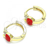 Oro Laminado Huggie Hoop, Gold Filled Style Apple Design, with White Cubic Zirconia, Red Enamel Finish, Golden Finish, 02.210.0494.15