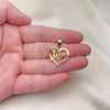 Oro Laminado Fancy Pendant, Gold Filled Style Heart and Mom Design, with White Micro Pave, Polished, Golden Finish, 05.342.0200