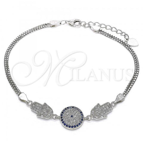 Sterling Silver Fancy Bracelet, Hand of God Design, with Sapphire Blue and White Micro Pave, Polished, Rhodium Finish, 03.286.0029.07