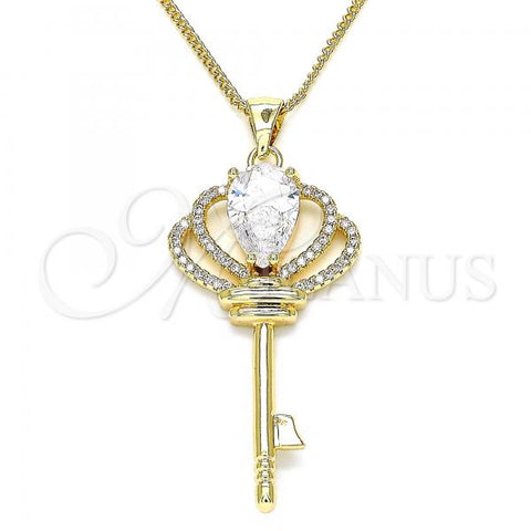 Oro Laminado Pendant Necklace, Gold Filled Style key Design, with White Cubic Zirconia and White Micro Pave, Polished, Golden Finish, 04.156.0177.1.20