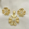 Oro Laminado Earring and Pendant Adult Set, Gold Filled Style Flower Design, with White Crystal, Matte Finish, Golden Finish, 10.59.0089