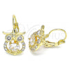 Oro Laminado Leverback Earring, Gold Filled Style Owl Design, with White Cubic Zirconia, Polished, Golden Finish, 02.210.0434