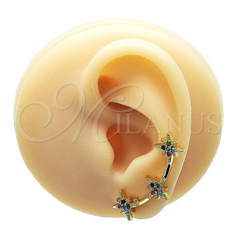 Oro Laminado Earcuff Earring, Gold Filled Style with Multicolor Cubic Zirconia, Polished, Golden Finish, 02.210.0632