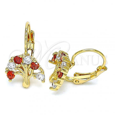 Oro Laminado Leverback Earring, Gold Filled Style Tree Design, with Garnet and White Cubic Zirconia, Polished, Golden Finish, 02.210.0383.1