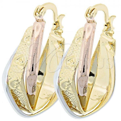 Oro Laminado Small Hoop, Gold Filled Style Heart and Buffalo Design, Diamond Cutting Finish, Tricolor, 5.156.019