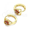 Oro Laminado Huggie Hoop, Gold Filled Style Flower and Heart Design, with Garnet Cubic Zirconia, Polished, Golden Finish, 02.210.0653.15