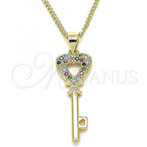Oro Laminado Pendant Necklace, Gold Filled Style key and Heart Design, with Multicolor Micro Pave, Polished, Golden Finish, 04.344.0016.2.20