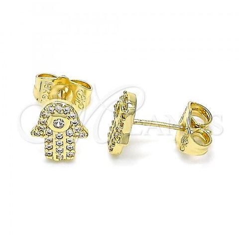 Oro Laminado Stud Earring, Gold Filled Style Hand of God Design, with White Micro Pave and White Cubic Zirconia, Polished, Golden Finish, 02.156.0569