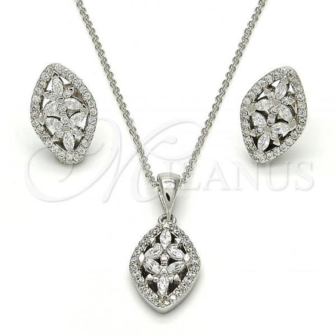 Sterling Silver Earring and Pendant Adult Set, Flower Design, with White Cubic Zirconia, Polished, Rhodium Finish, 10.175.0026