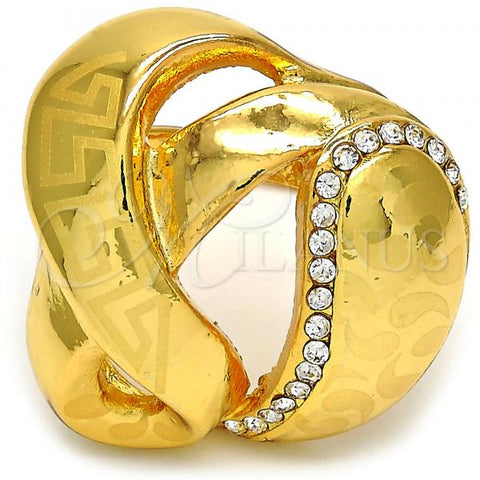 Oro Laminado Multi Stone Ring, Gold Filled Style Greek Key Design, with White Crystal, Polished, Golden Finish, 01.241.0009.07 (Size 7)