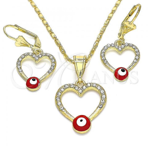 Oro Laminado Earring and Pendant Adult Set, Gold Filled Style Heart and Evil Eye Design, with White Crystal, Red Enamel Finish, Golden Finish, 10.351.0015.2