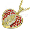 Oro Laminado Religious Pendant, Gold Filled Style Heart and Guadalupe Design, with Garnet Crystal, Polished, Golden Finish, 05.351.0135