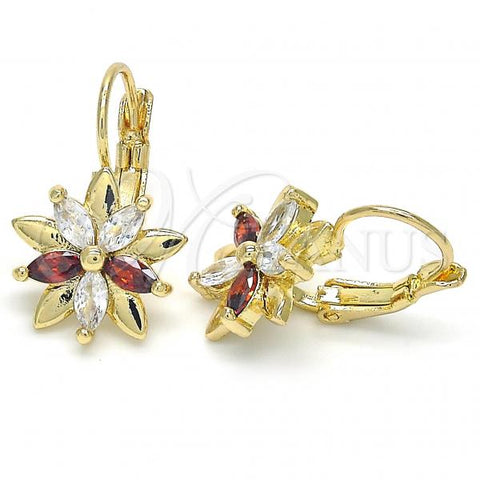 Oro Laminado Leverback Earring, Gold Filled Style Flower Design, with Garnet and White Cubic Zirconia, Polished, Golden Finish, 02.210.0228.2