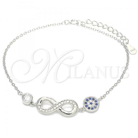 Sterling Silver Fancy Bracelet, Infinite Design, with Sapphire Blue Micro Pave and White Crystal, Polished, Rhodium Finish, 03.336.0069.07