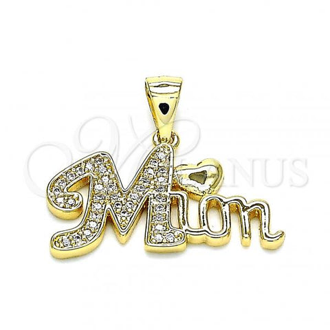 Oro Laminado Fancy Pendant, Gold Filled Style Mom and Heart Design, with White Micro Pave, Polished, Golden Finish, 05.342.0021