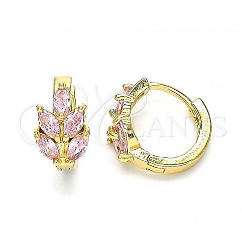 Oro Laminado Huggie Hoop, Gold Filled Style Leaf Design, with Pink Cubic Zirconia, Polished, Golden Finish, 02.210.0649.4.15