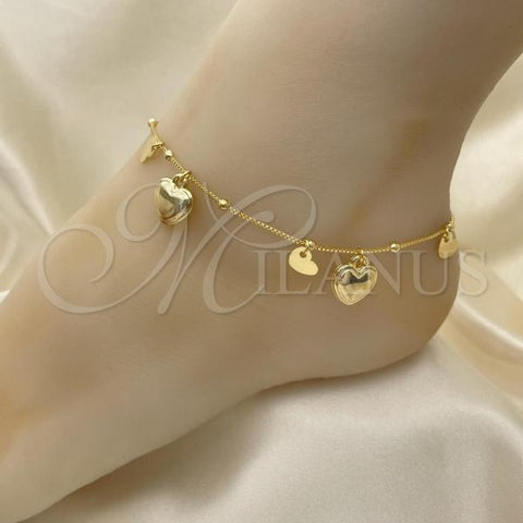 Oro Laminado Charm Anklet , Gold Filled Style Heart and Ball Design, Polished, Golden Finish, 03.32.0593.10