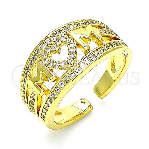 Oro Laminado Multi Stone Ring, Gold Filled Style Mom and Heart Design, with White Micro Pave, Polished, Golden Finish, 01.341.0009 (One size fits all)