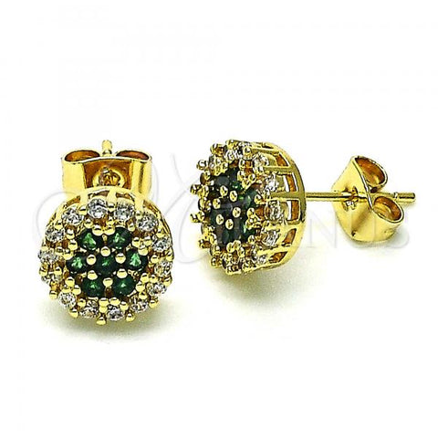 Oro Laminado Stud Earring, Gold Filled Style Flower Design, with Green and White Cubic Zirconia, Polished, Golden Finish, 02.344.0076.2