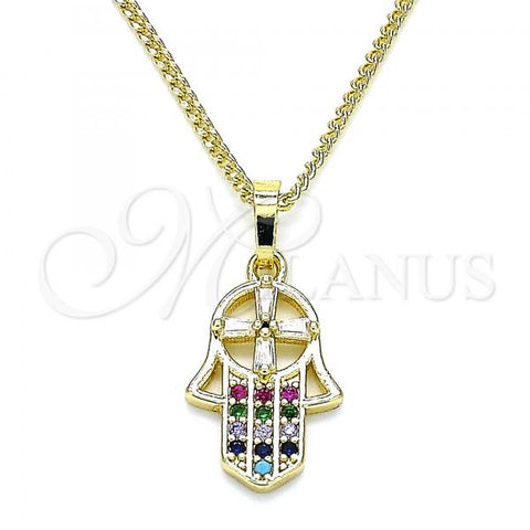Oro Laminado Pendant Necklace, Gold Filled Style Hand of God Design, with Multicolor Micro Pave and White Cubic Zirconia, Polished, Golden Finish, 04.210.0055.1.20