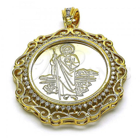 Oro Laminado Religious Pendant, Gold Filled Style San Judas and Centenario Coin Design, with White Cubic Zirconia, Polished, Golden Finish, 05.380.0161.1