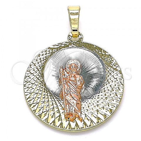 Oro Laminado Religious Pendant, Gold Filled Style San Judas Design, Diamond Cutting Finish, Tricolor, 05.380.0129