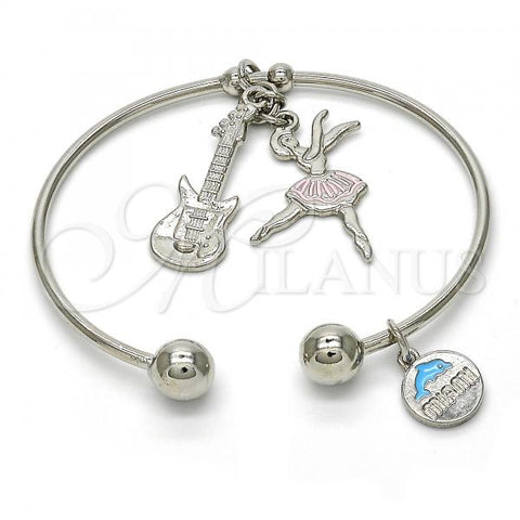 Rhodium Plated Individual Bangle, Guitar and Dolphin Design, Multicolor Enamel Finish, Rhodium Finish, 07.179.0004.1 (02 MM Thickness, One size fits all)