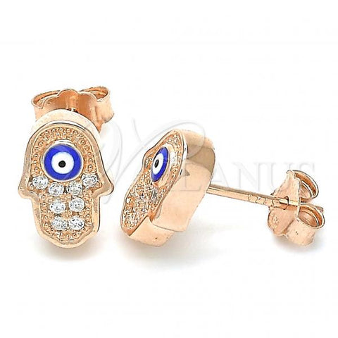 Sterling Silver Stud Earring, Hand of God and Evil Eye Design, with White Cubic Zirconia, Blue Enamel Finish, Rose Gold Finish, 02.336.0152.1