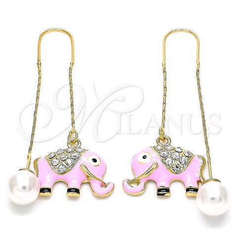 Oro Laminado Threader Earring, Gold Filled Style Elephant Design, with White Crystal, Pink Enamel Finish, Golden Finish, 02.380.0029