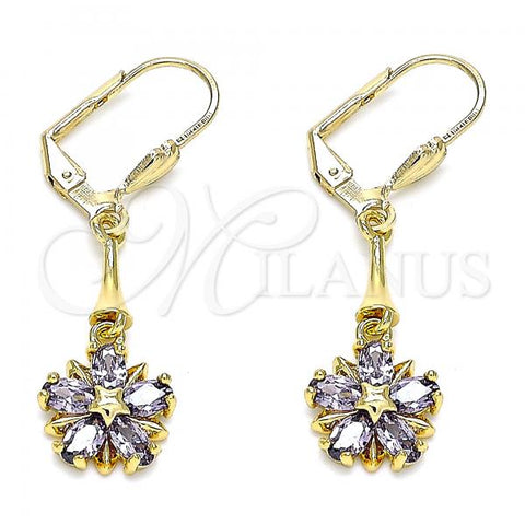 Oro Laminado Long Earring, Gold Filled Style Flower and Star Design, with Amethyst Cubic Zirconia, Polished, Golden Finish, 02.387.0051.3