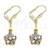 Oro Laminado Long Earring, Gold Filled Style Flower and Star Design, with Amethyst Cubic Zirconia, Polished, Golden Finish, 02.387.0051.3