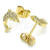 Oro Laminado Stud Earring, Gold Filled Style Dolphin Design, with White Micro Pave, Polished, Golden Finish, 02.344.0064