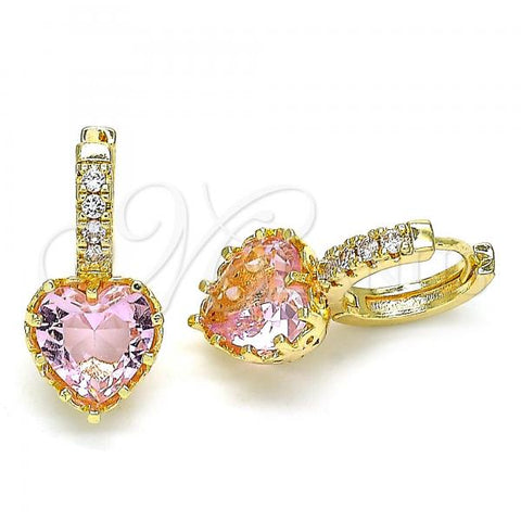 Oro Laminado Huggie Hoop, Gold Filled Style Heart Design, with Pink Cubic Zirconia and White Micro Pave, Polished, Golden Finish, 02.210.0505.1.15