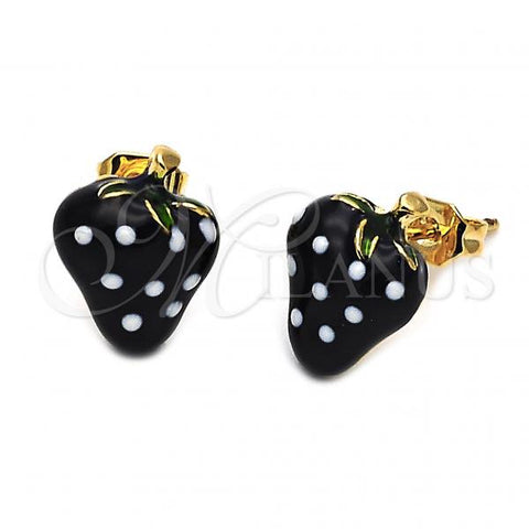 Oro Laminado Stud Earring, Gold Filled Style Strawberry Design, Black Enamel Finish, Golden Finish, 5.126.093 *PROMO*