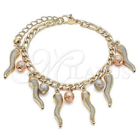 Oro Laminado Charm Bracelet, Gold Filled Style Ball Design, Matte Finish, Tricolor, 03.331.0200.08