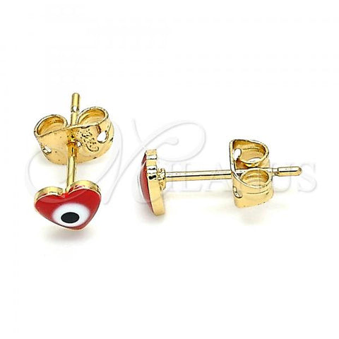 Oro Laminado Stud Earring, Gold Filled Style Evil Eye and Heart Design, Red Enamel Finish, Golden Finish, 02.213.0187.1 *PROMO*
