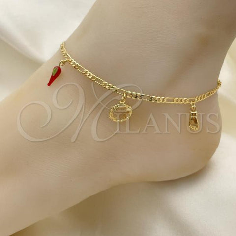 Oro Laminado Charm Anklet , Gold Filled Style Figa Hand and Chili Design, Polished, Golden Finish, 03.32.0598.10