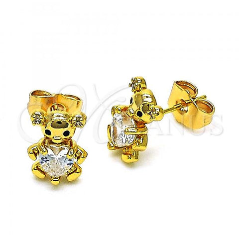 Oro Laminado Stud Earring, Gold Filled Style Teddy Bear Design, with White Cubic Zirconia and White Micro Pave, Polished, Golden Finish, 02.310.0109
