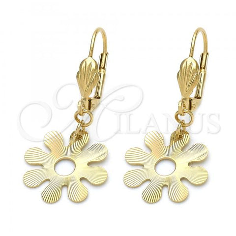 Oro Laminado Dangle Earring, Gold Filled Style Flower Design, Golden Finish, 02.64.0113
