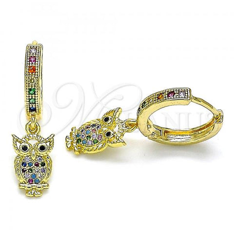 Oro Laminado Huggie Hoop, Gold Filled Style Owl Design, with Multicolor Micro Pave, Polished, Golden Finish, 02.381.0043.15
