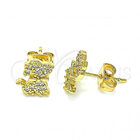 Oro Laminado Stud Earring, Gold Filled Style Dog Design, with White Micro Pave, Polished, Golden Finish, 02.342.0116