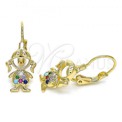 Oro Laminado Leverback Earring, Gold Filled Style Little Girl Design, with Multicolor Micro Pave, Polished, Golden Finish, 02.210.0377.3